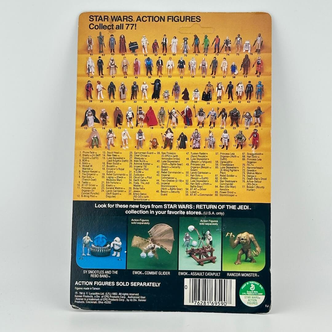 Back of a Star Wars action figure packaging with character list and promotional text.