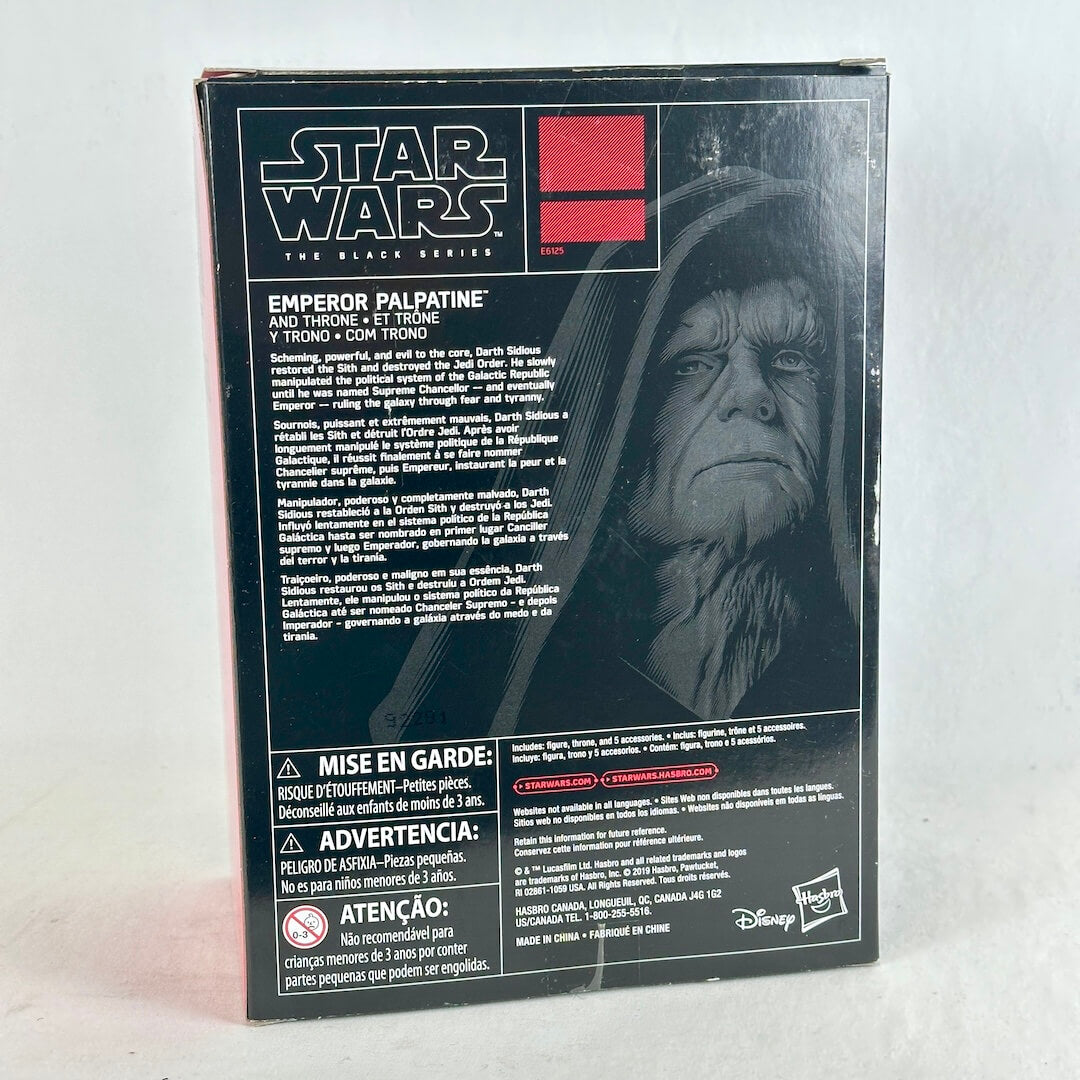 The back of a Star Wars The Black Series figure box featuring a large portrait of Emperor Palpatine, product text.