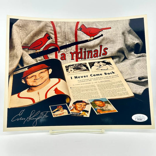 Baseball memorabilia display with player photo, cardinals logo, and text on a blue background