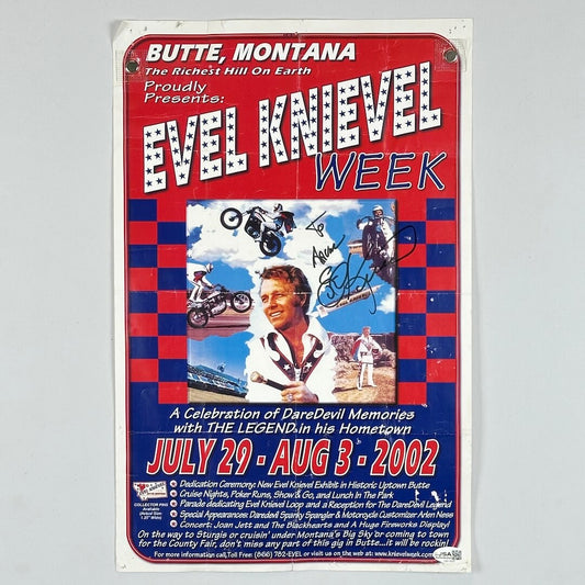 Promotional poster for Evel Knievel Week in Butte, Montana featuring Evel Knievel and checkered design.