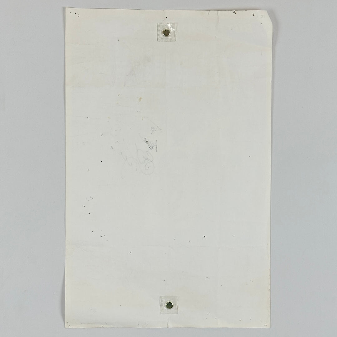 Backside of poster against white background. 