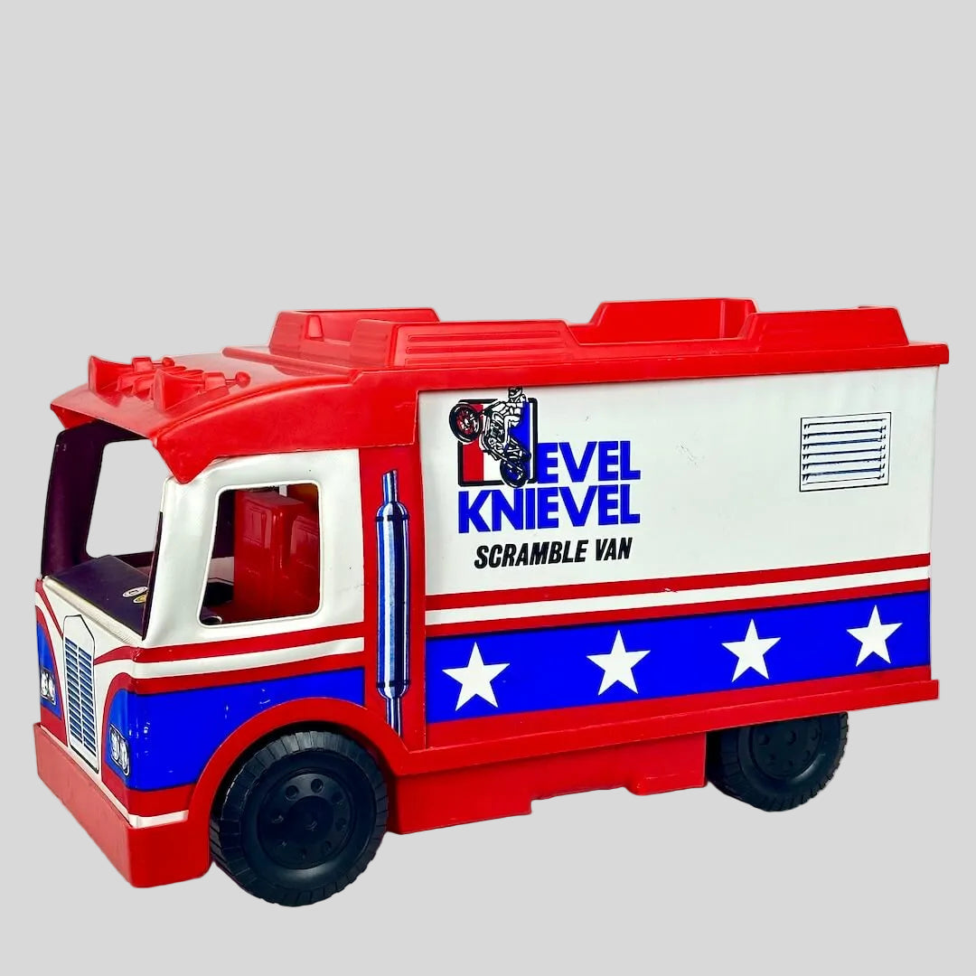 Toy van with Evel Knievel branding on a white background
