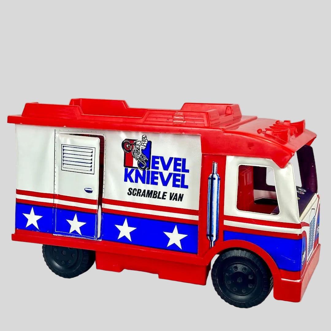 Toy vehicle with Evel Knievel branding on a white background