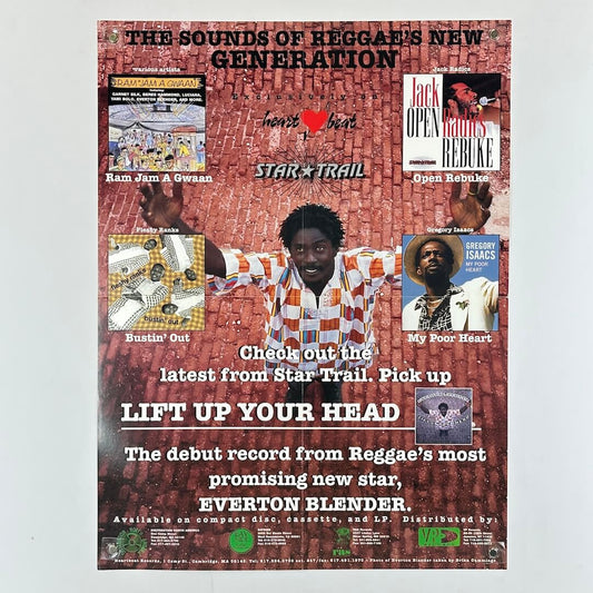 Poster of man standing on brick road with four albums pictured and text at top and bottom. 