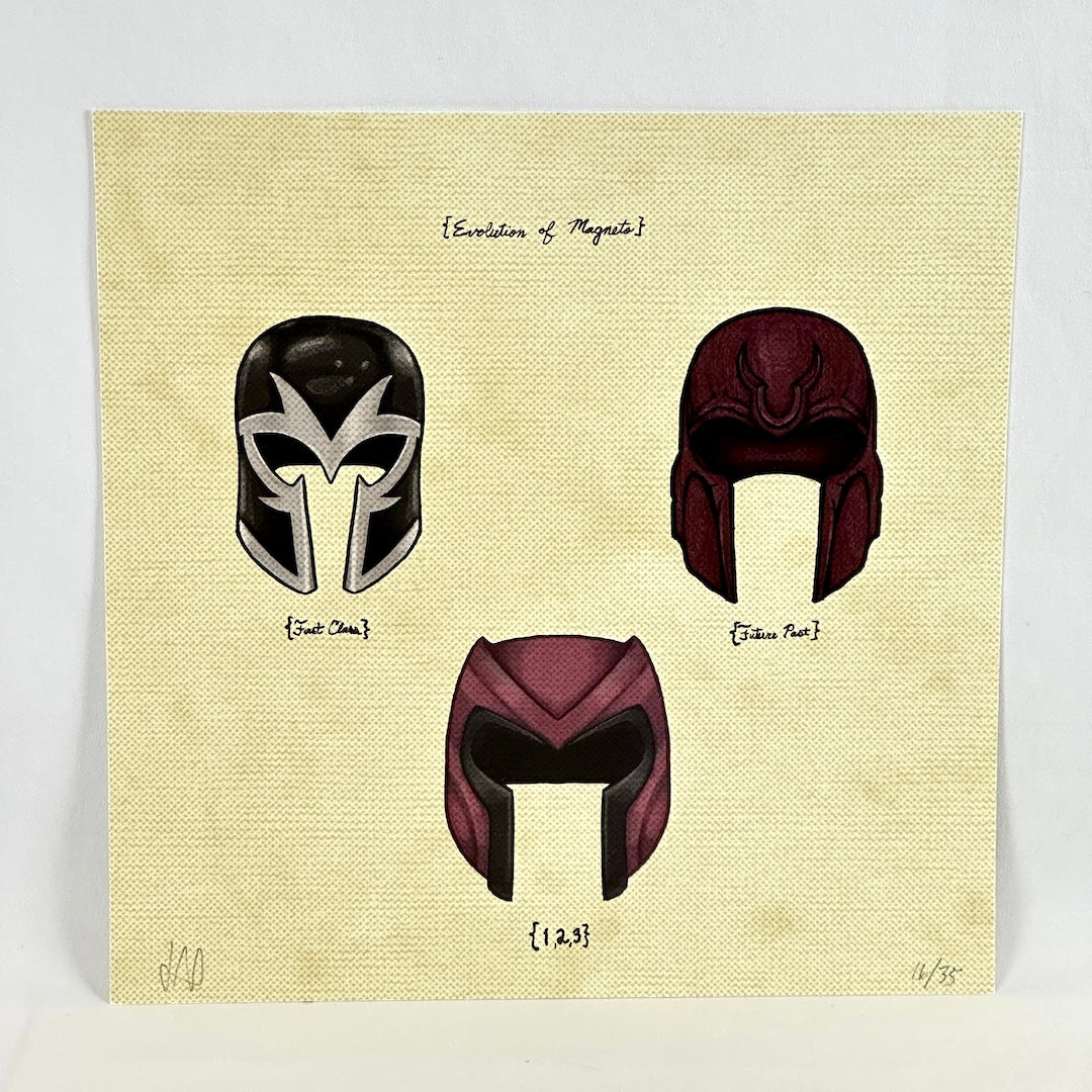 A square art print featuring a vintage patent-style illustration titled 'Evolution of Magneto' with three helmet designs.