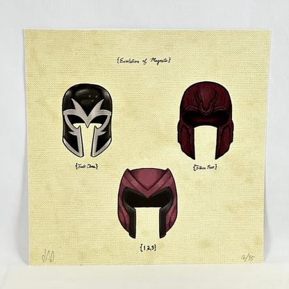 A square art print featuring a vintage patent-style illustration titled 'Evolution of Magneto' with three helmet designs.