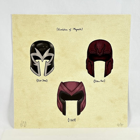 A square art print featuring a vintage patent-style illustration titled 'Evolution of Magneto' with three helmet designs.