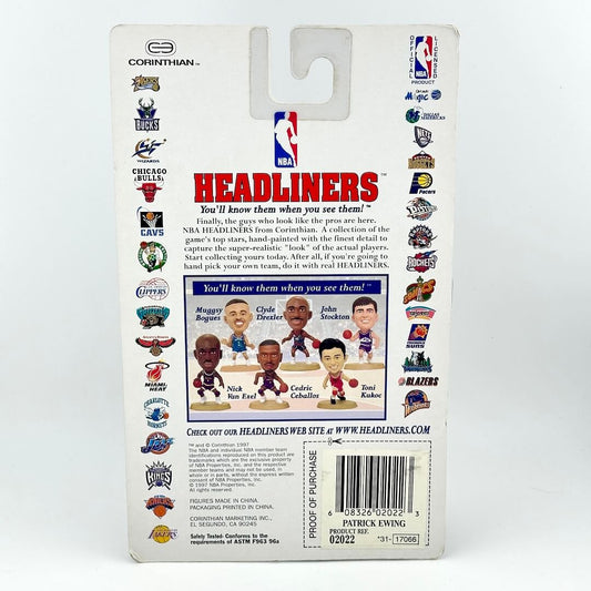 Back of a Corinthian Headliners basketball figurine packaging with branding and product details.
