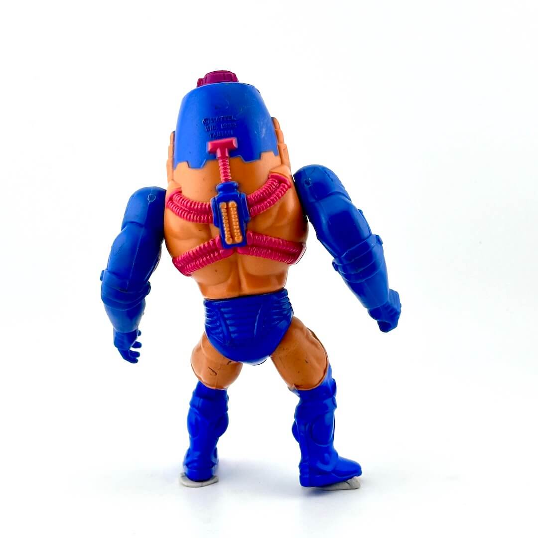 Toy figure with blue and orange colors on a white background