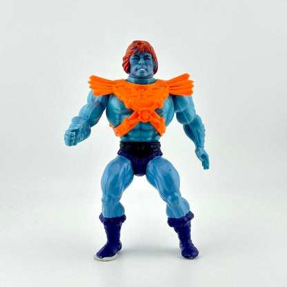 Toy figure with blue skin, orange collar, and purple pants on a white background