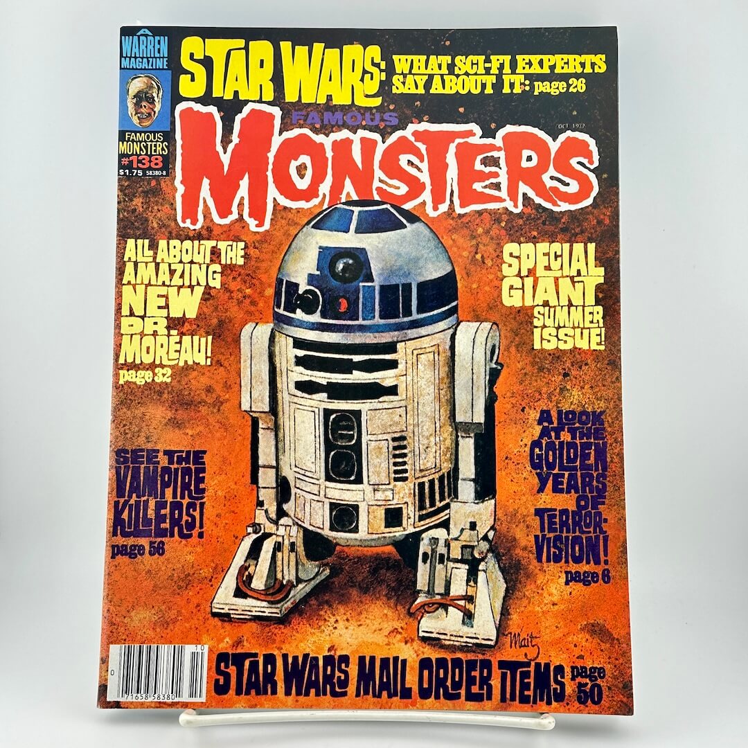 Magazine cover featuring R2-D2 from Star Wars on a 'Famous Monsters' background
