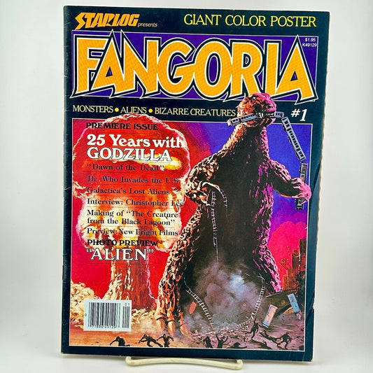 A vintage Fangoria magazine cover featuring a giant Godzilla-like monster in a city scene, with the title 'FANGORIA' at the top.