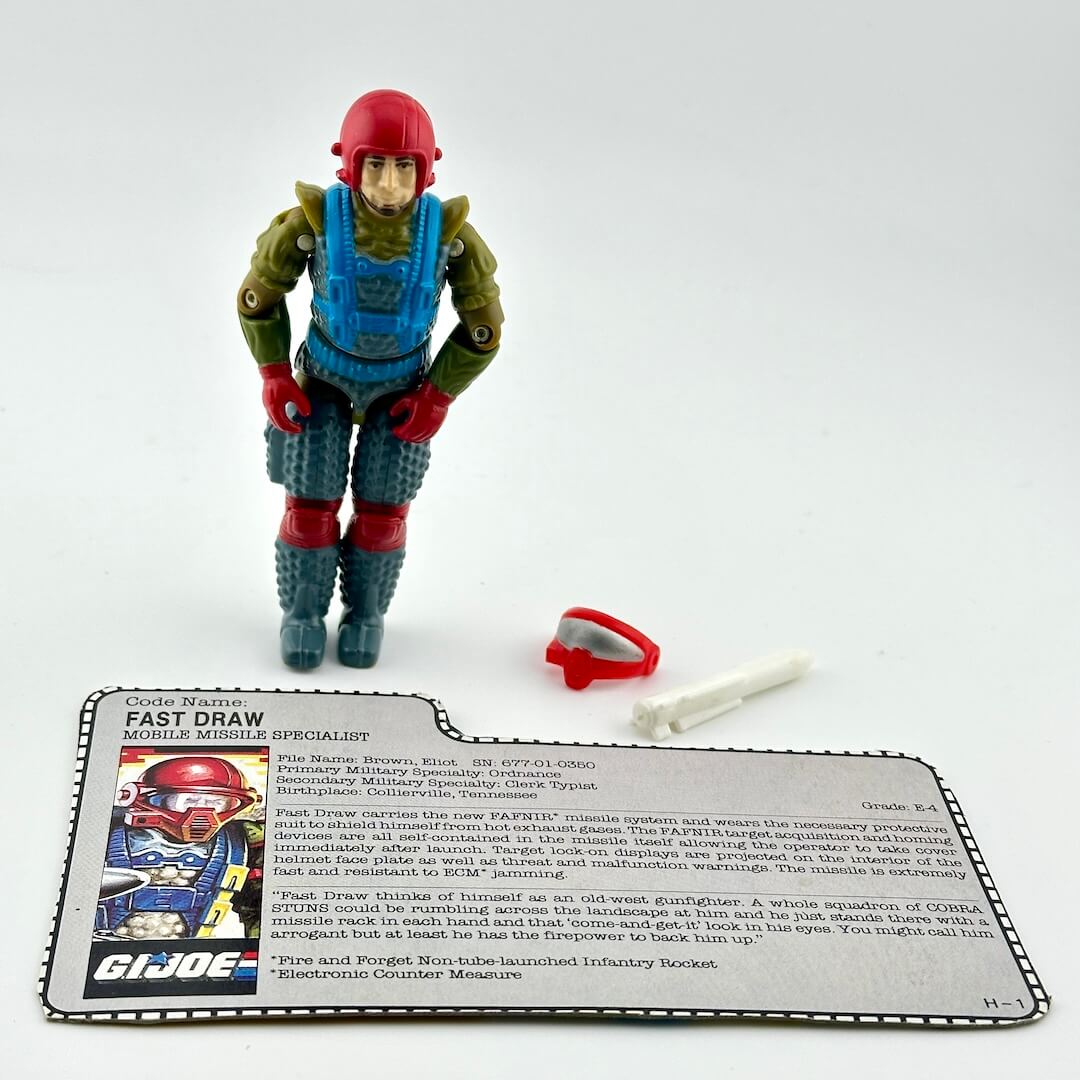 G.I. Joe action figure with accessories and card on a white background