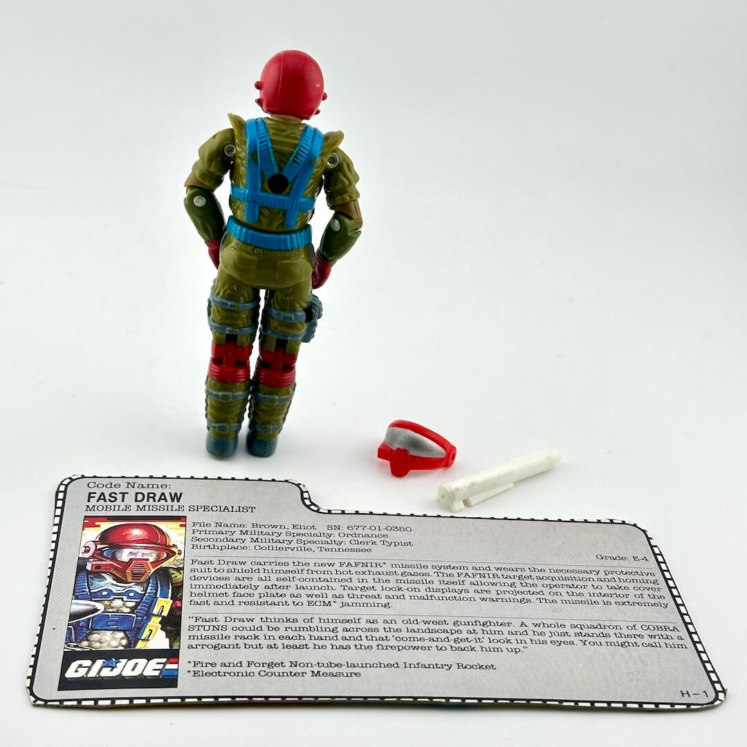 Toy figure with accessories and character card on a white background