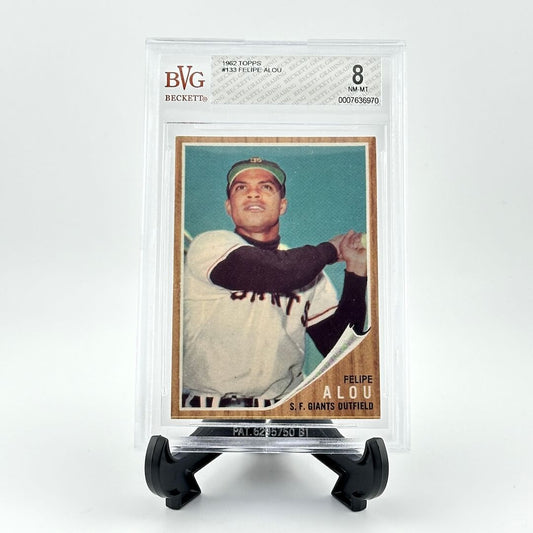Baseball trading card of Felipe Alou in a protective case with BVG Beckett's logo.