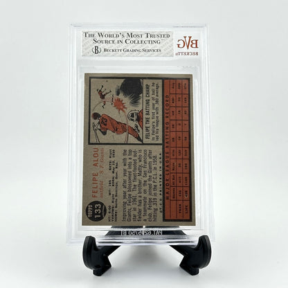 Vintage baseball card in a clear protective case on a white background