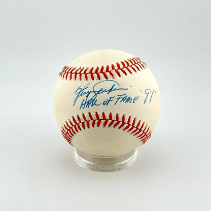 Baseball with autograph and 'Hall of Fame' text on a white background