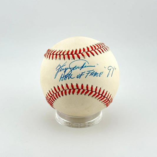 Baseball with autograph and 'Hall of Fame' text on a white background