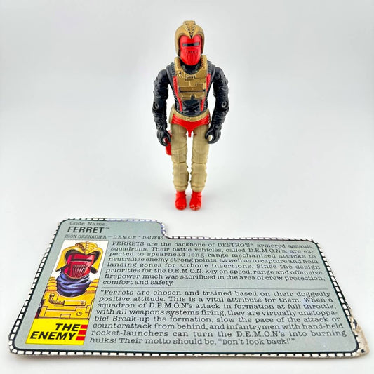 Action figure with a card detailing its features on a white background