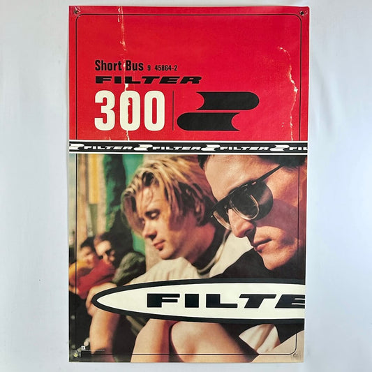 Vintage-style poster with two people and 'Filter 3002' branding on a red background