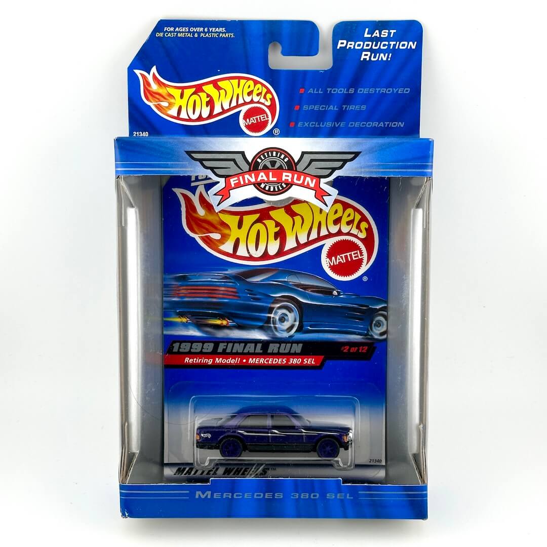 Hot Wheels Final Run Mercedes 380 SEL diecast car in its original blue blister packaging, featuring Mattel branding.