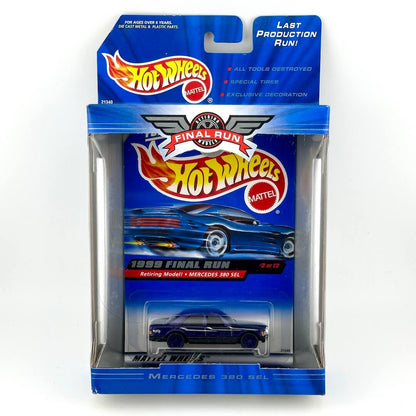 Hot Wheels Final Run Mercedes 380 SEL diecast car in its original blue blister packaging, featuring Mattel branding.