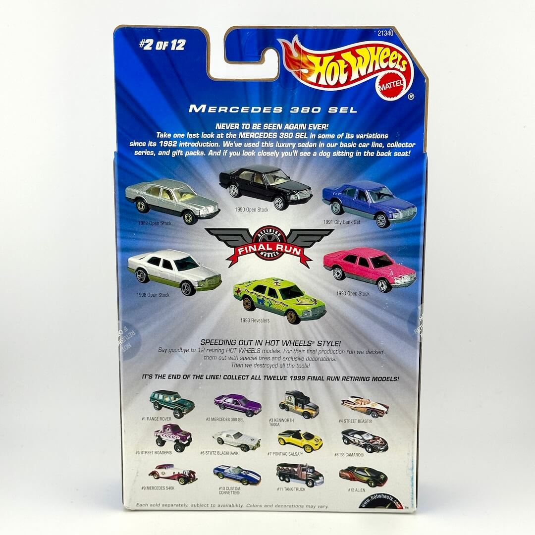 Hot Wheels Final Run Mercedes 380 SEL toy car blister card packaging, showing the back of the card with product details.