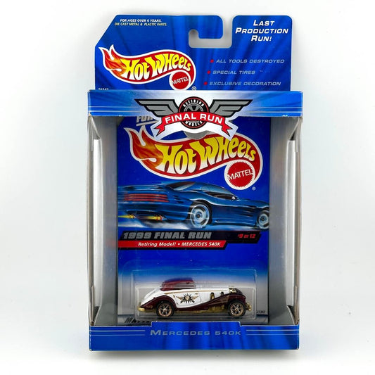 Hot Wheels Final Run Mercedes S500 diecast toy car in its original blue and red blister packaging.