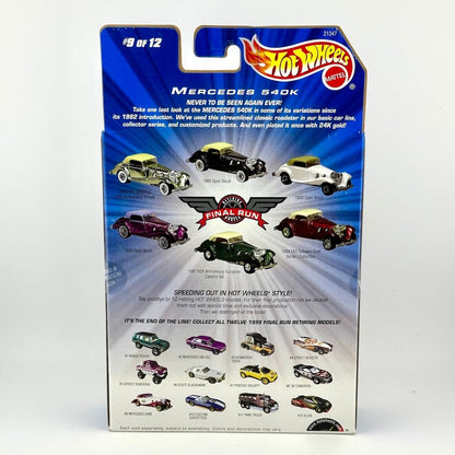 Back of a Hot Wheels Final Run Mercedes 540K blister card package, showing product info.
