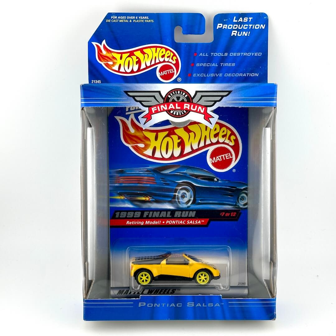 Hot Wheels Final Run Retiring Model Pontiac Salva diecast toy car in its original blue blister packaging, featuring yellow car.