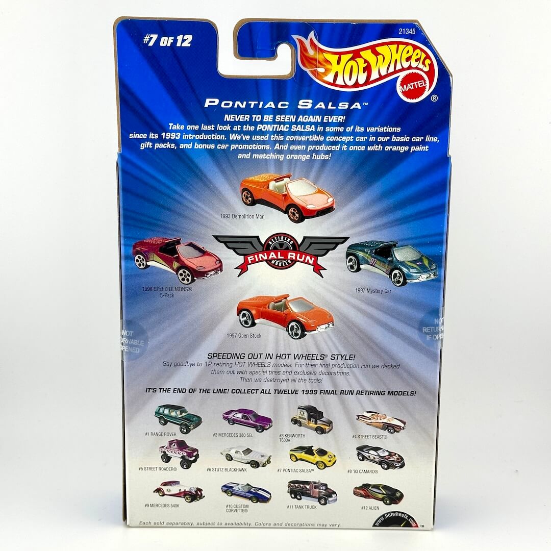 Back of a Hot Wheels Final Run toy car package for the Pontiac Salta, showing the blue card with product info.