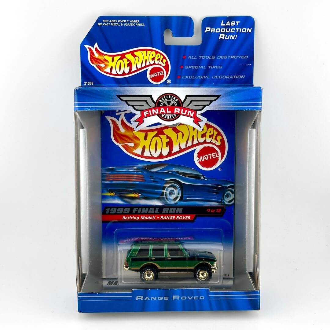 Hot Wheels Final Run 1985 Range Rover die-cast model car in its original blue blister packaging, featuring Mattel branding.