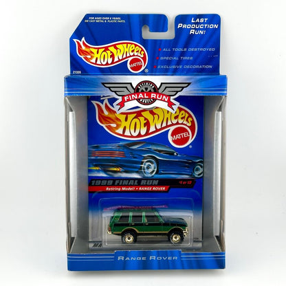 Hot Wheels Final Run 1985 Range Rover die-cast model car in its original blue blister packaging, featuring Mattel branding.