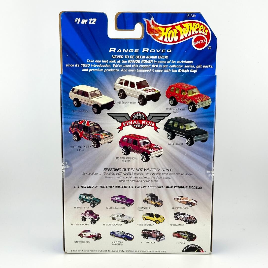 Hot Wheels Final Run Range Rover diecast collector car box featuring multiple toy cars  images & product details.
