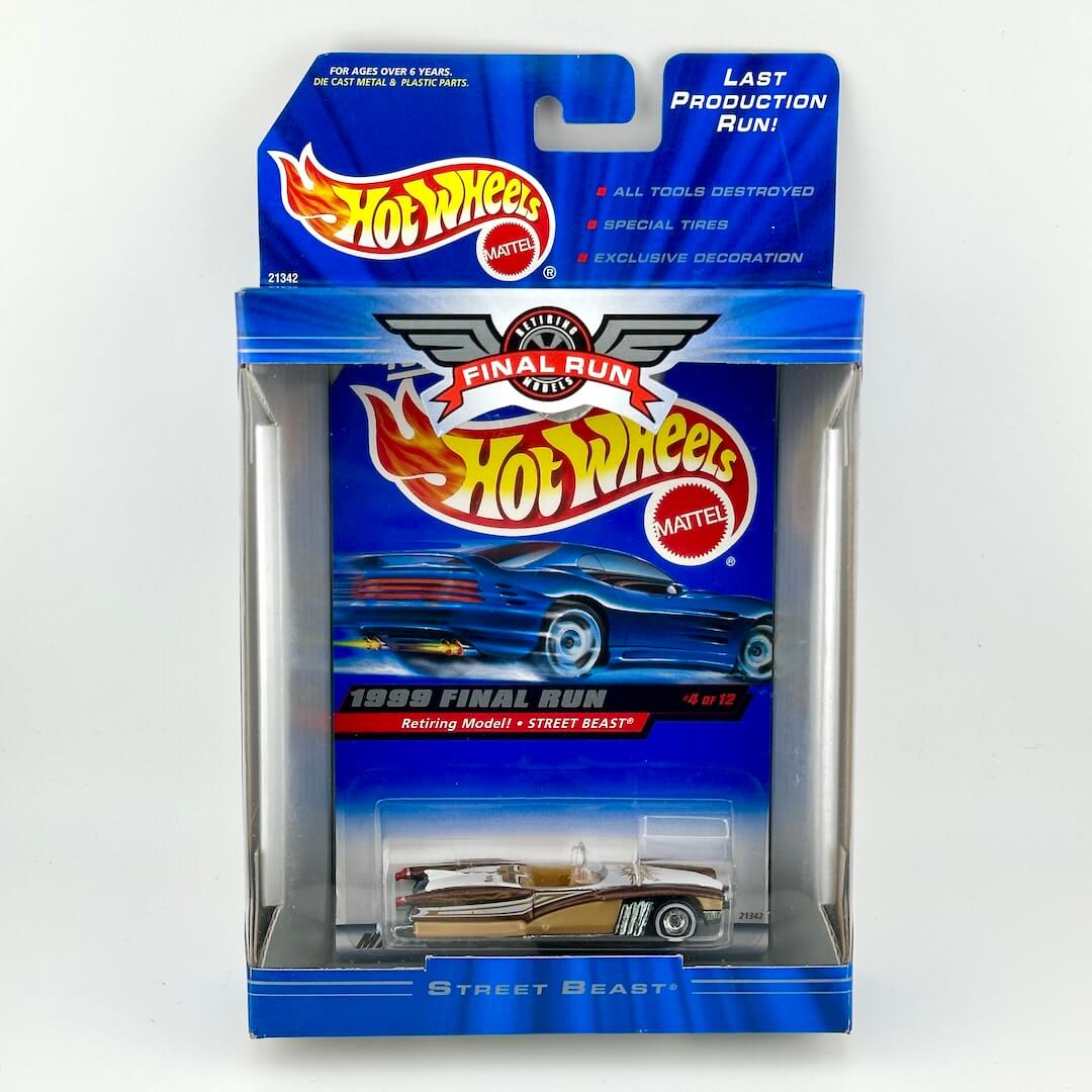 Hot Wheels 1999 Final Run Street Beast diecast toy car in its original blue blister packaging, featuring Mattel branding.