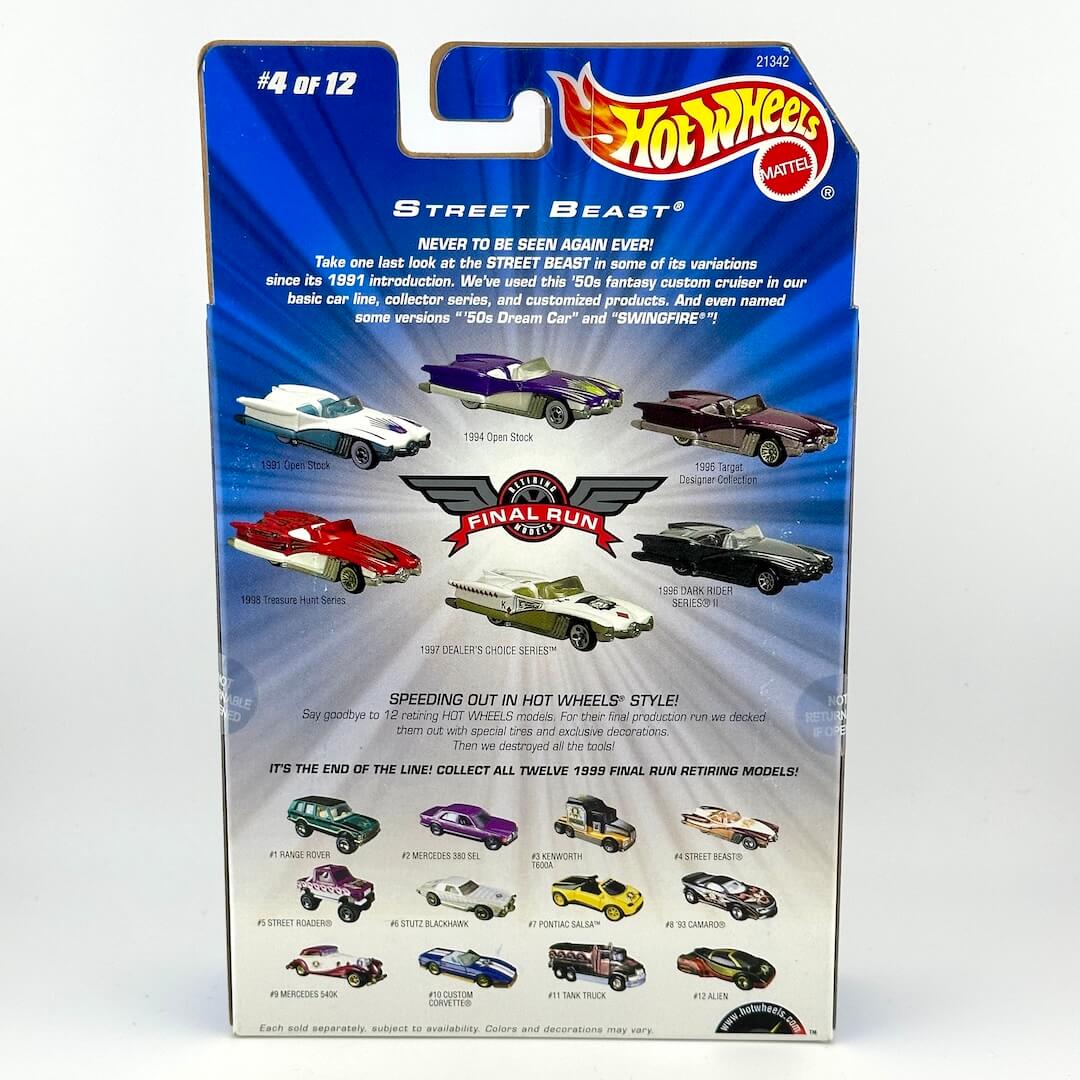 Hot Wheels Street Beast Final Run #4 of 12 diecast car in its blue blister packaging, showing the back of the card with product details.