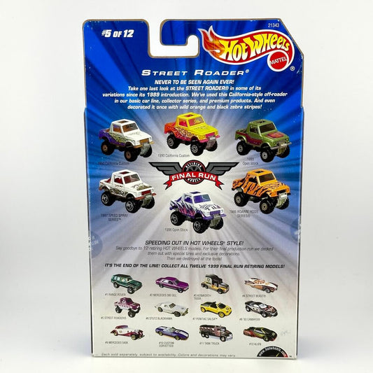 Hot Wheels Street Roader Final Run diecast toy car in its original blue blister packaging, showing product details.