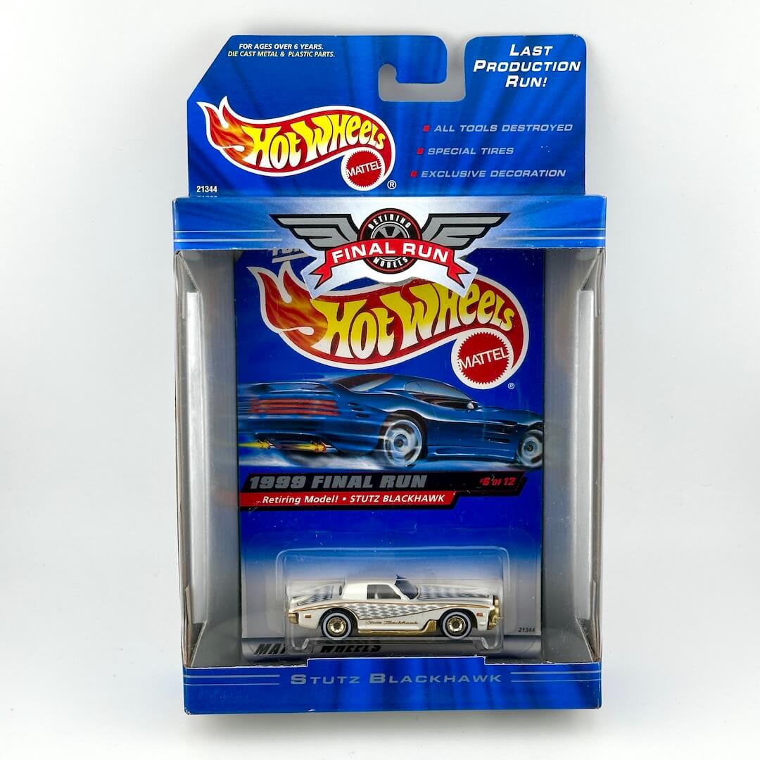 Hot Wheels Final Run Stutz Blackhawk diecast toy car in its original blue blister packaging, featuring Mattel branding.