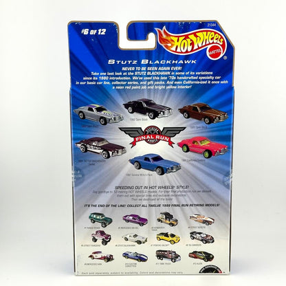 Hot Wheels Stutz Blackhawk diecast toy car in its original blister packaging, showing the back with product details.