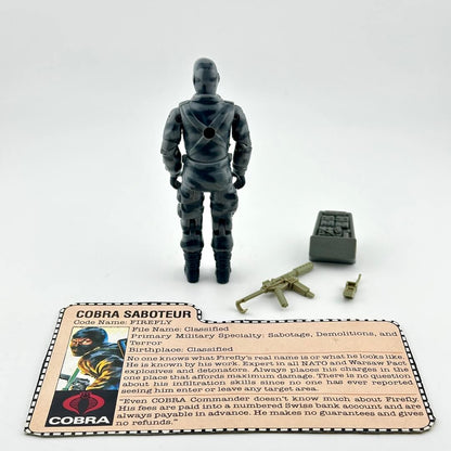 A GI Joe action figure with a black and gray patterned body, standing next to accessories, with a printed Cobra card.