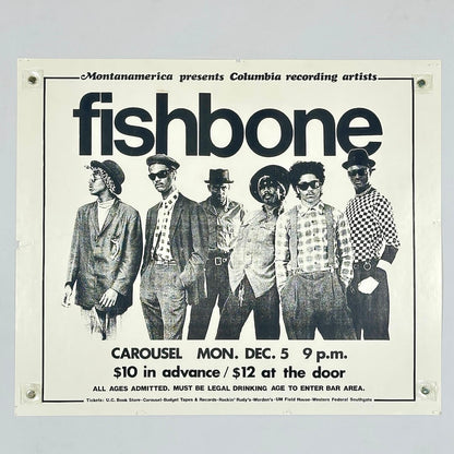 Black and white concert poster with photo of Fishbone at center surrounded by black text. 