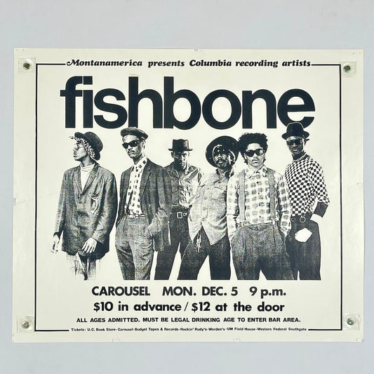 Black and white concert poster with photo of Fishbone at center surrounded by black text. 