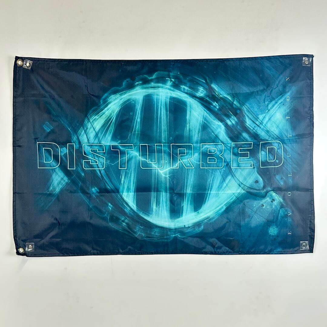 Blue 'Disturbed' band flag with abstract design on a white background