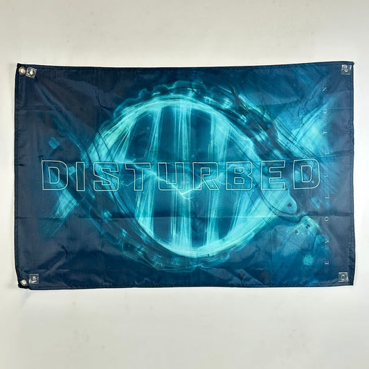 Blue 'Disturbed' band flag with abstract design on a white background