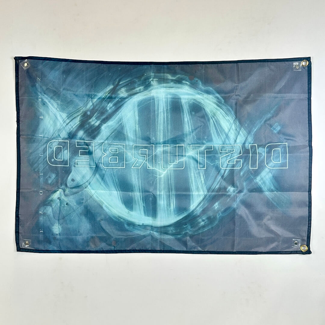 Blue abstract design flag with a logo on a white background