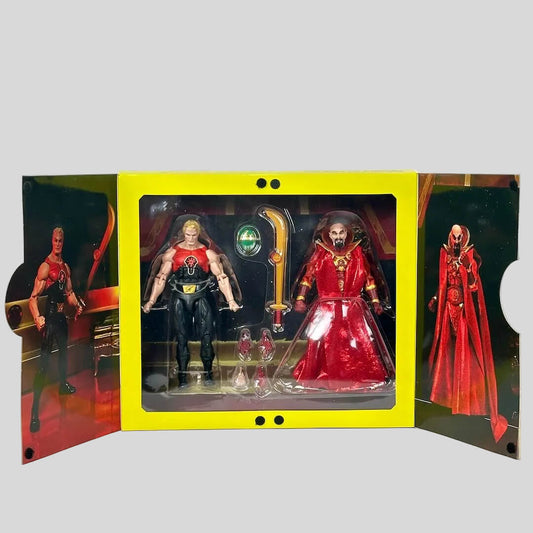 Action figure in a yellow display case with other figures on a gray background