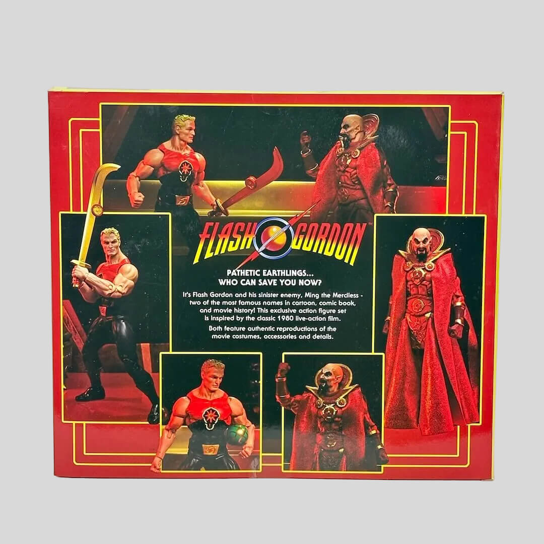 Box for a Flash Gordon action figure with character illustrations and text on a white background