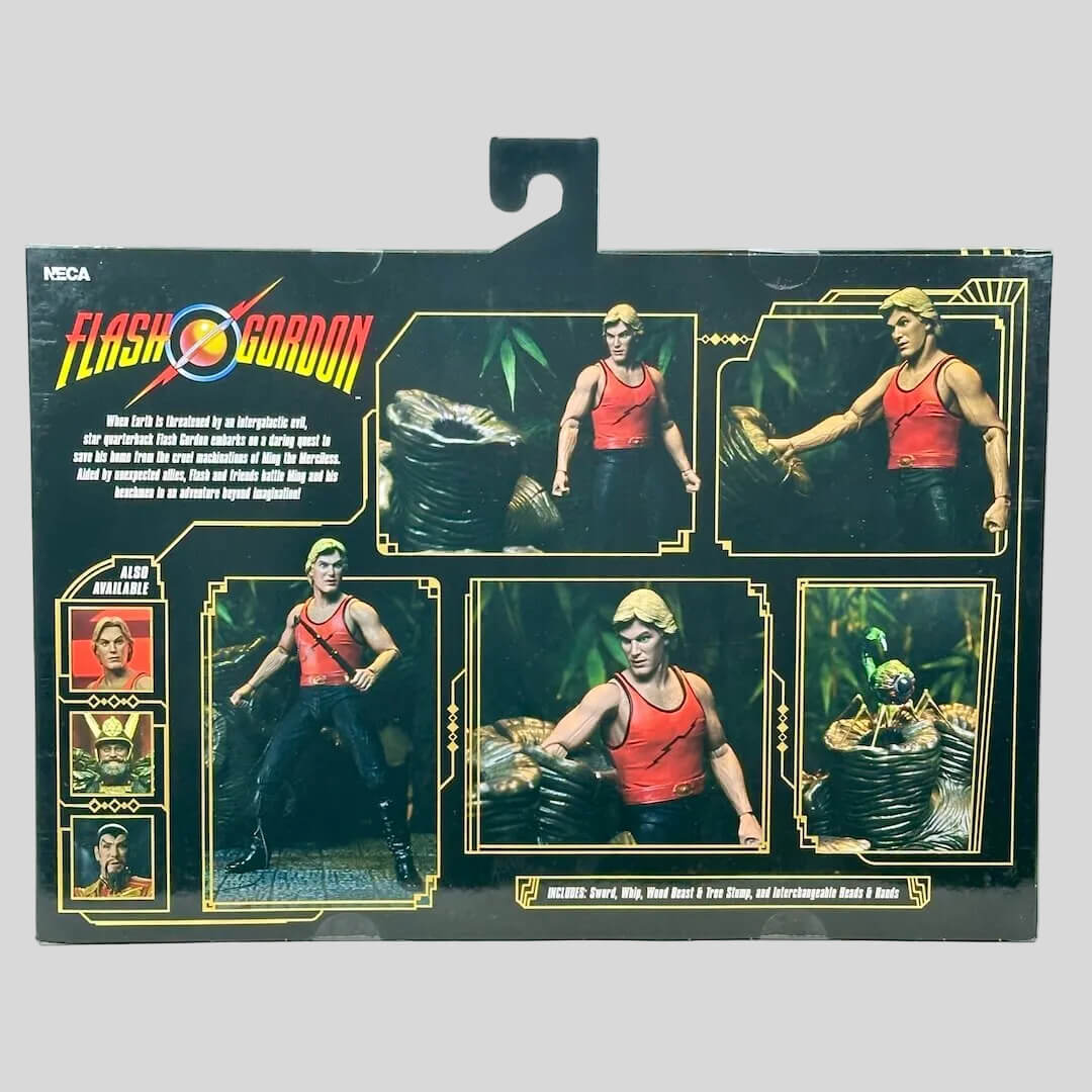 Boxed action figure of Flash Gordon with character images on a white background