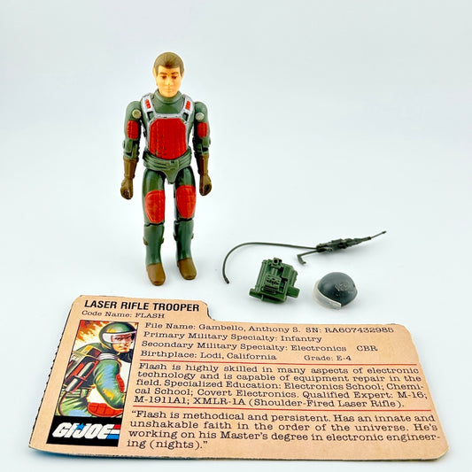 GI Joe action figure with character card and accessories against white background. 