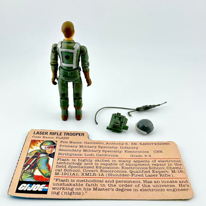 GI Joe action figure with character card and accessories against white background. 